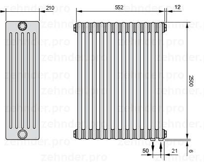 Схема (чертеж) Радиатор Zehnder Charleston 6250/12 №5510 Белый глянцевый RAL 9016